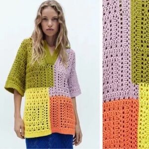 ZARA Sweater S Oversized Knit Polo Colorblock Crochet M NWOT